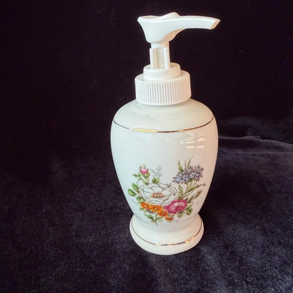 Vintage Interpur Porcelain Soap Dispenser Floral Gold Trim White Cottagecore